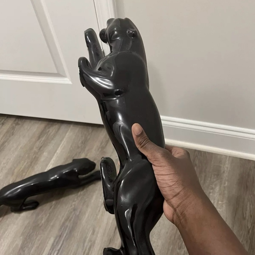 Two Vintage Black Panther Cat Red Ware Ceramic Figurine Made in Japan 5.25” Long